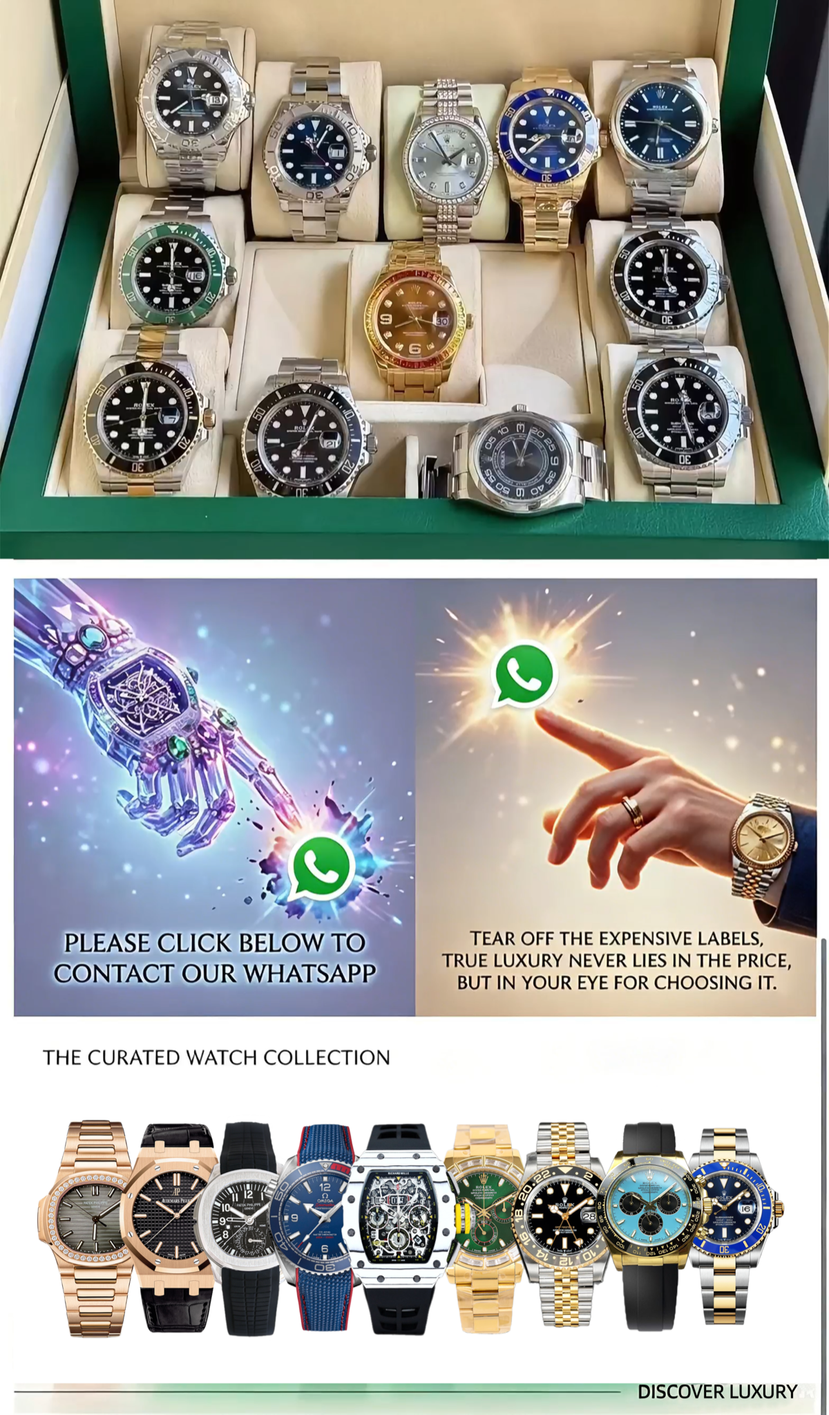 Watch collection and WhatsApp contact prompt